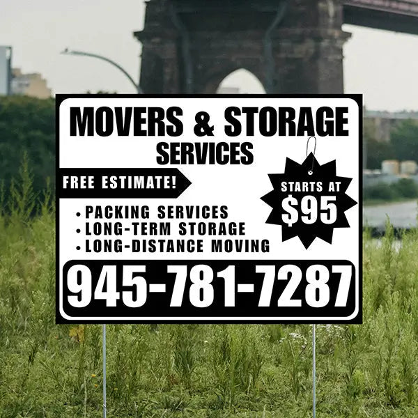 Moving & Storage Services - Long-Distance Moving, Packing Services, Long-Term Storage with Price Tag - Plain Black White Design YardSigns.com