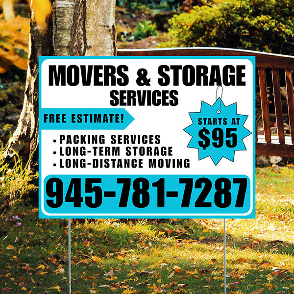 Moving & Storage Services - Long-Distance Moving, Packing Services, Long-Term Storage with Price Tag - Plain Aqua Blue White Design - YardSigns.com