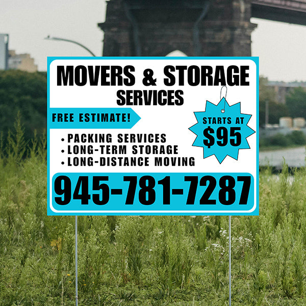 Moving & Storage Services - Long-Distance Moving, Packing Services, Long-Term Storage with Price Tag - Plain Aqua Blue White Design - YardSigns.com