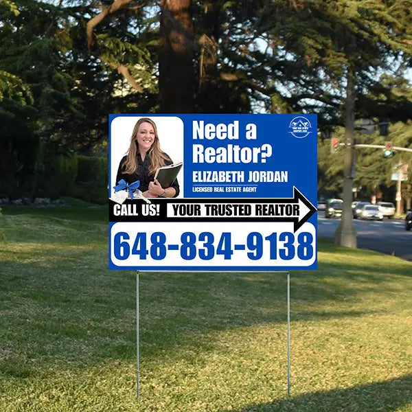 Realtor Yard Signs - Need a Realtor? - Blue White Right Arrow with Image and Logo Design YardSigns.com