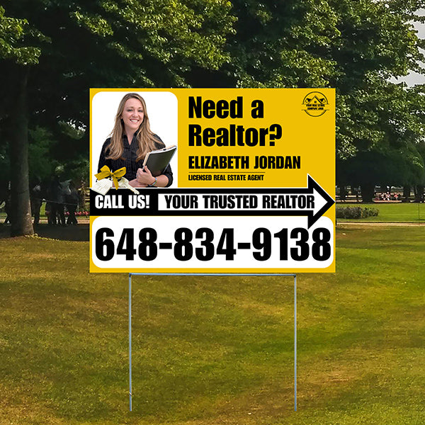 Realtor Yard Signs - Need a Realtor? - Mustard Yellow White Right Arrow with Image and Logo Design - YardSigns.com