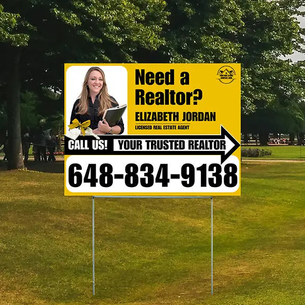 Realtor Yard Signs - Simple Mustard Yellow White Right Arrow with Image and Logo Design YardSigns.com