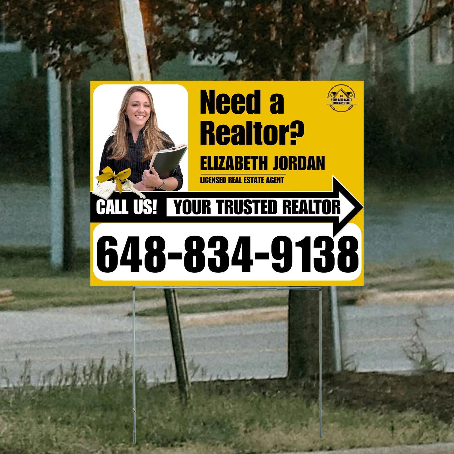 Realtor Yard Signs - Need a Realtor? - Mustard Yellow White Right Arrow with Image and Logo Design YardSigns.com
