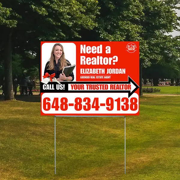 Realtor Yard Signs - Simple Red White Right Arrow with Image and Logo Design YardSigns.com