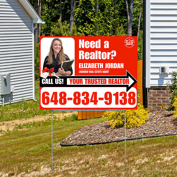 Realtor Yard Signs - Need a Realtor? - Red White Right Arrow with Image and Logo Design
