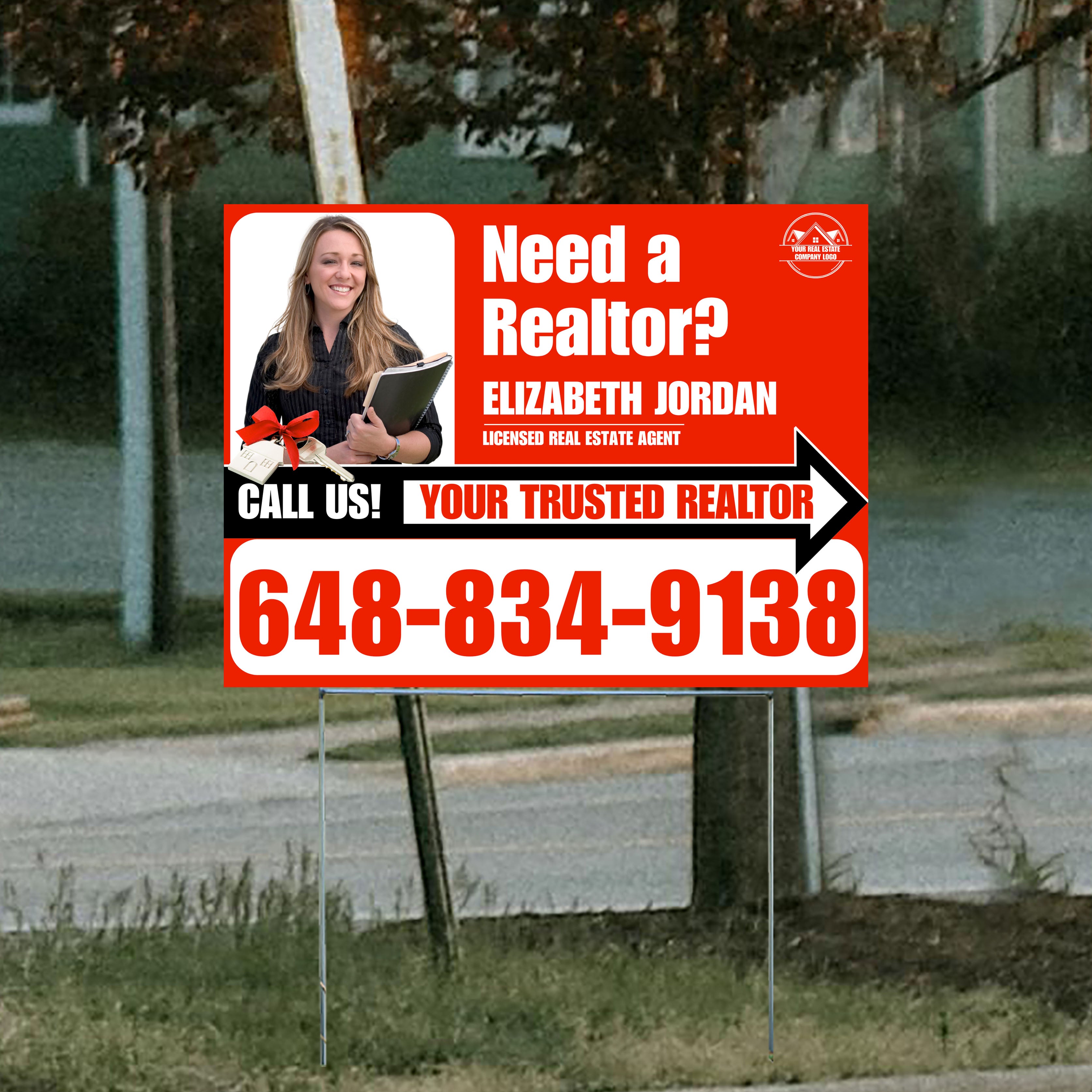 Realtor Yard Signs - Need a Realtor? - Red White Right Arrow with Image and Logo Design - YardSigns.com