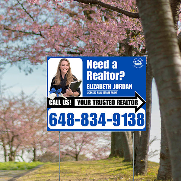 Realtor Yard Signs - Need a Realtor? - Blue White Right Arrow with Image and Logo Design - YardSigns.com