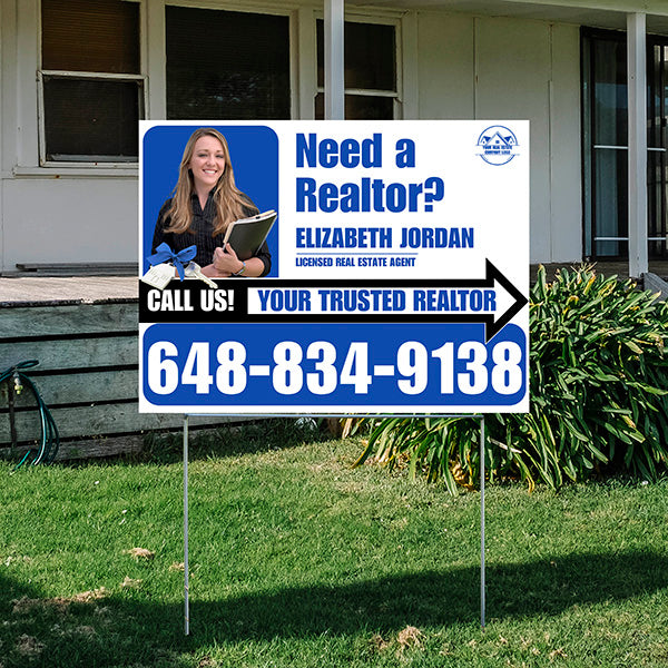 Realtor Yard Signs - Need a Realtor? - White Blue Right Arrow with Image and Logo Design - YardSigns.com