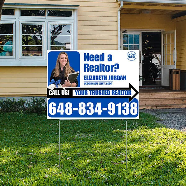Realtor Yard Signs - Need a Realtor? - White Blue Right Arrow with Image and Logo Design YardSigns.com