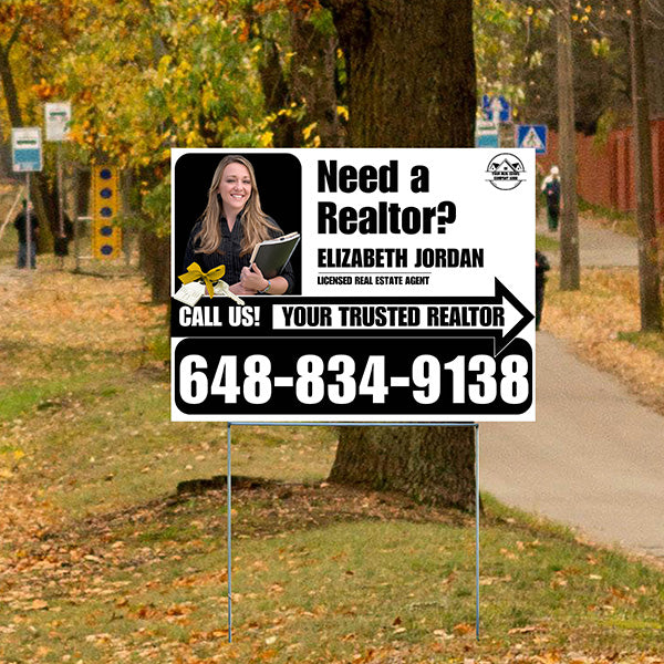 Realtor Yard Signs - Need a Realtor? - White Black Right Arrow with Image and Logo Design - YardSigns.com