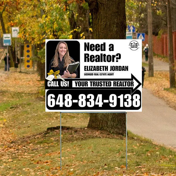 Realtor Yard Signs - Need a Realtor? - White Black Right Arrow with Image and Logo Design YardSigns.com