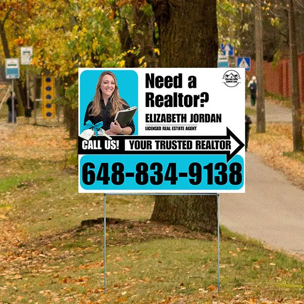 Realtor Yard Signs - Simple White Aqua Blue Right Arrow with Image and Logo Design YardSigns.com