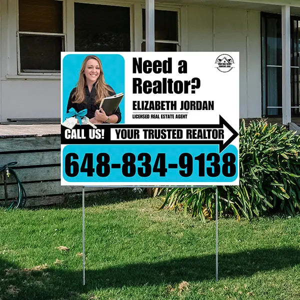 Realtor Yard Signs - Simple White Aqua Blue Right Arrow with Image and Logo Design YardSigns.com
