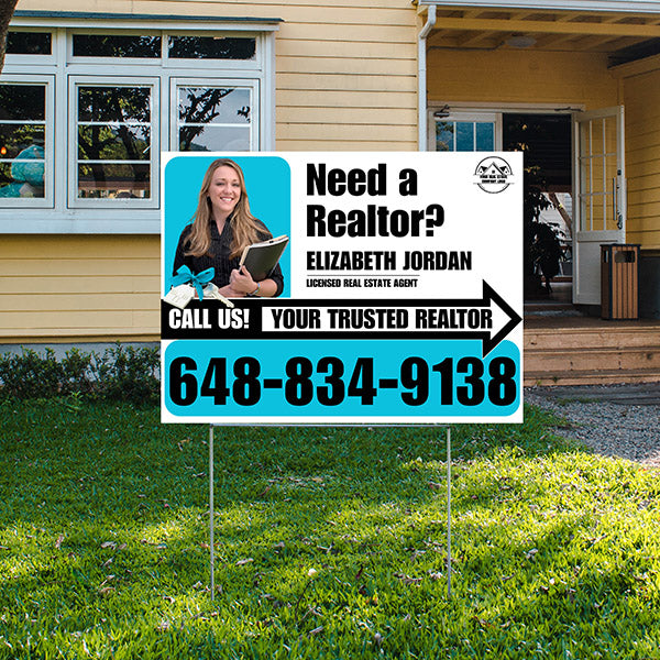 Realtor Yard Signs - Need a Realtor? - White Aqua Blue Right Arrow with Image and Logo Design (Copy) - YardSigns.com