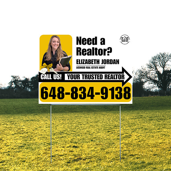 Realtor Yard Signs - Need a Realtor? - White Mustard Yellow Right Arrow with Image and Logo Design - YardSigns.com