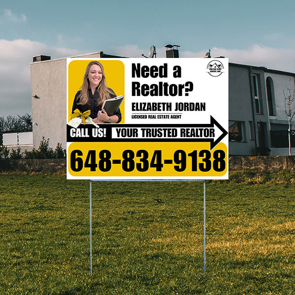 Realtor Yard Signs - Need a Realtor? - White Mustard Yellow Right Arrow with Image and Logo Design - YardSigns.com