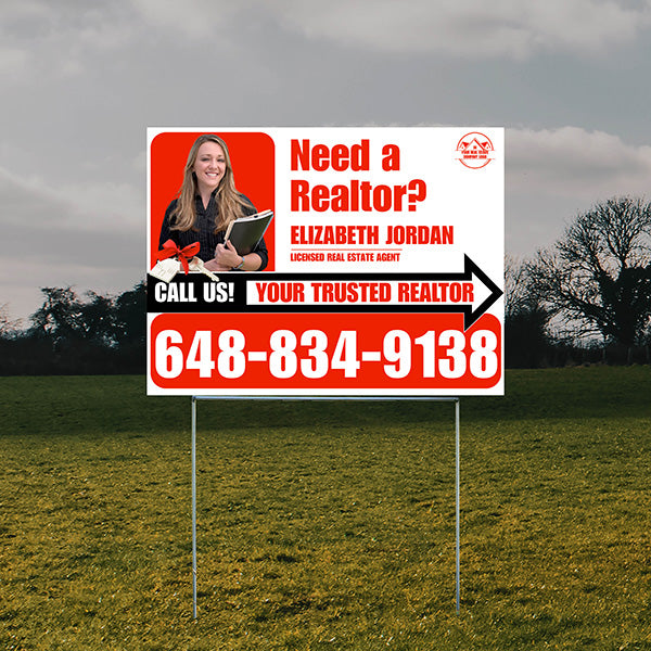 Realtor Yard Signs - Need a Realtor? - White Red Right Arrow with Image and Logo Design - YardSigns.com