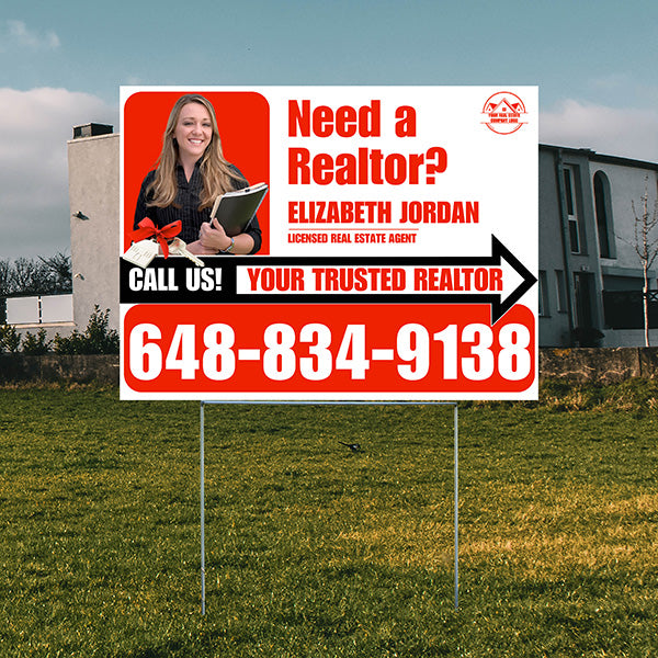 Realtor Yard Signs - Need a Realtor? - White Red Right Arrow with Image and Logo Design - YardSigns.com