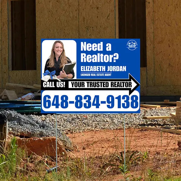 Realtor Yard Signs - Simple Blue White Right Arrow with Image and Logo Design YardSigns.com