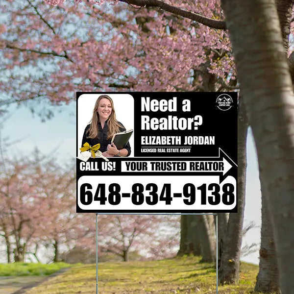 Realtor Yard Signs - Need a Realtor? - Black White Right Arrow with Image and Logo Design YardSigns.com