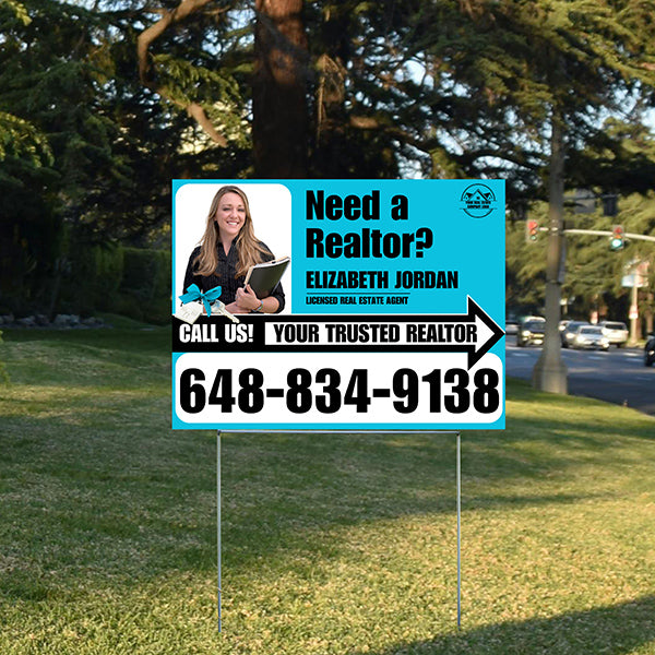 Realtor Yard Signs - Need a Realtor? - Aqua Blue White Right Arrow with Image and Logo Design - YardSigns.com