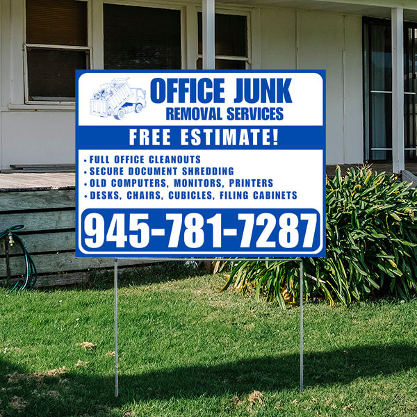 Office Junk Removal Services sign on lawn offering free estimates, contact number 945-781-7287, services include office cleanouts, document shredding, and removal of old computers, desks, and filing cabinets.