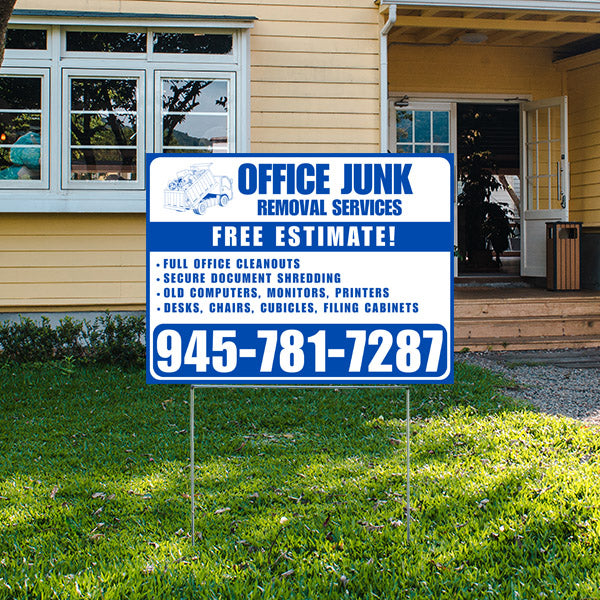 Office Junk Removal Services yard sign in front of a house, advertising free estimates for full office cleanouts, secure document shredding, disposal of old computers, monitors, printers, desks, chairs, cubicles, filing cabinets, with contact number 945-781-7287.