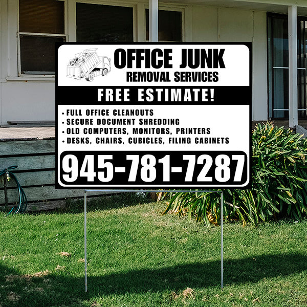 Office junk removal services sign offering free estimates for office cleanouts, secure document shredding, and disposal of old computers, monitors, printers, desks, chairs, cubicles, filing cabinets with contact number 945-781-7287 in front of a house.