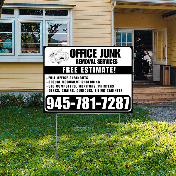 Office junk removal services yard sign offering free estimates with contact number 945-781-7287, listing services such as office cleanouts, document shredding, and removal of computers, monitors, and office furniture.