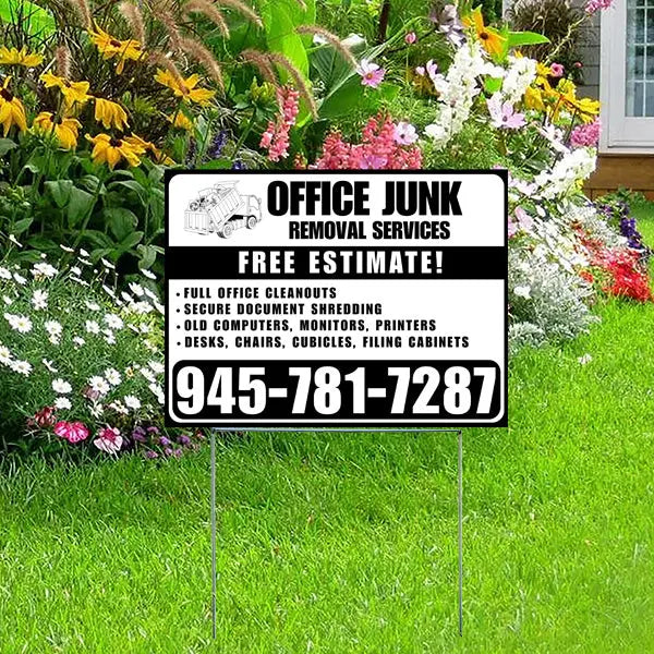 Office Junk Removal Services - Full Office Cleanouts, Secure Document Shredding, Old Computers, Monitors, Printers, Desks, Chairs, Cubicles, Filing Cabinets with Free Estimate - Plain White Black YardSigns.com