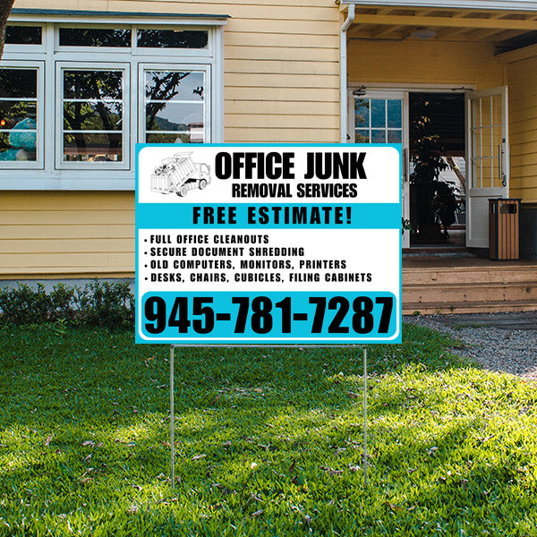 Office junk removal services sign in front of yellow house, offering free estimates with phone number 945-781-7287, advertising office cleanouts, secure shredding, and removal of old computers, monitors, desks, chairs, and cubicles.