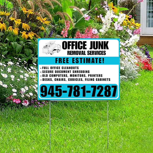 Sign advertising office junk removal services with free estimate, contact number 945-781-7287, services include full office cleanouts, secure document shredding, old computers, monitors, printers, desks, chairs, cubicles, filing cabinets, placed on green lawn with colorful flowers in the background.