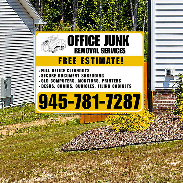 Office junk removal services yard sign offering free estimates, featuring services like full office cleanouts, secure document shredding, and disposal of old computers, monitors, desks, chairs with contact number 945-781-7287.
