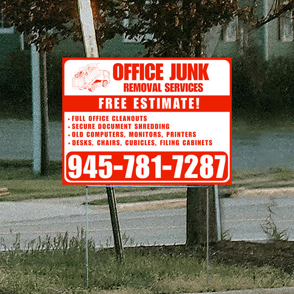 Office junk removal services sign offering free estimates, including office cleanouts, secure document shredding, disposal of old computers, monitors, printers, and furniture like desks, chairs, cubicles, with contact number 945-781-7287.