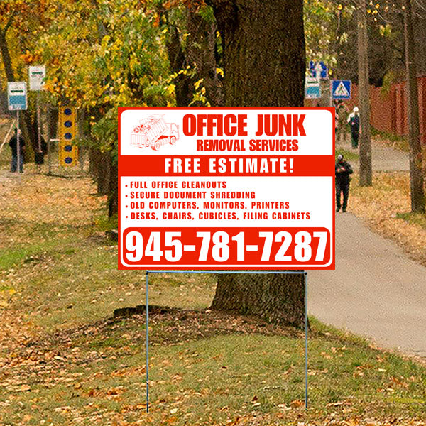 Office Junk Removal Services sign on a tree-lined pathway offering free estimates for office cleanouts, secure document shredding, and removal of old computers and furniture, with contact number 945-781-7287.