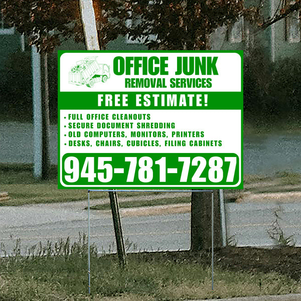 Office Junk Removal Services sign with green and white text offering free estimates, full office cleanouts, secure document shredding, old computers, monitors, printers, desks, chairs, cubicles, and filing cabinets, including contact number 945-781-7287.