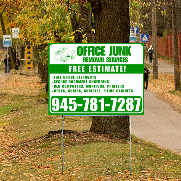 Office Junk Removal Services sign offering free estimates, highlighting services like office cleanouts, document shredding, disposal of old computers, monitors, printers, and removal of desks and chairs, with contact number 945-781-7287, set in a park environment.