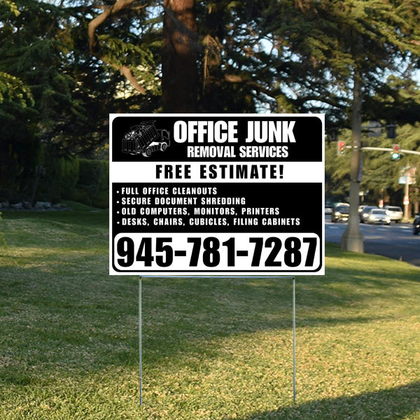 Office junk removal services sign on a grassy area offering free estimates, featuring contact number 945-781-7287, services like full office cleanouts, secure document shredding, and removal of old computers, desks, chairs, and filing cabinets.