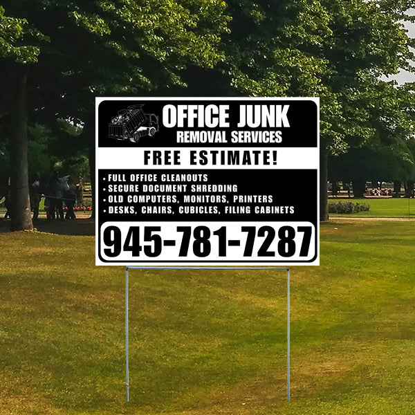 Office Junk Removal Services sign on grass, offering free estimates and services like office cleanouts, document shredding, and disposal of old electronics and furniture, contact number 945-781-7287.