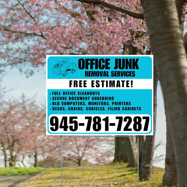 Office Junk Removal Services - Full Office Cleanouts, Secure Document Shredding, Old Computers, Monitors, Printers, Desks, Chairs, Cubicles, Filing Cabinets with Free Estimate - Plain Aqua Blue White YardSigns.com