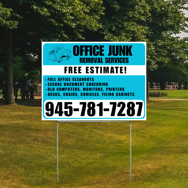 Office Junk Removal Services sign offering free estimates for full office cleanouts, secure document shredding, and disposal of old computers, monitors, printers, desks, chairs, and filing cabinets with contact number 945-781-7287, outdoors with trees in the background.