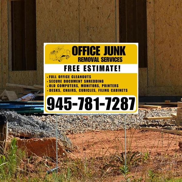 Office junk removal services sign offering free estimates with contact number 945-781-7287, featuring services like office cleanouts, document shredding, and removing old office equipment, placed on a construction site background.