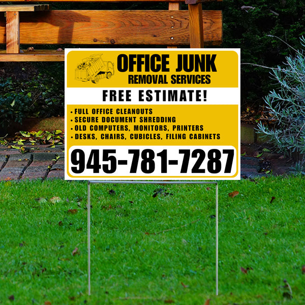 Office junk removal services sign displayed on a lawn, offering free estimates for office cleanouts, document shredding, electronic disposal, and furniture removal, with contact number 945-781-7287.