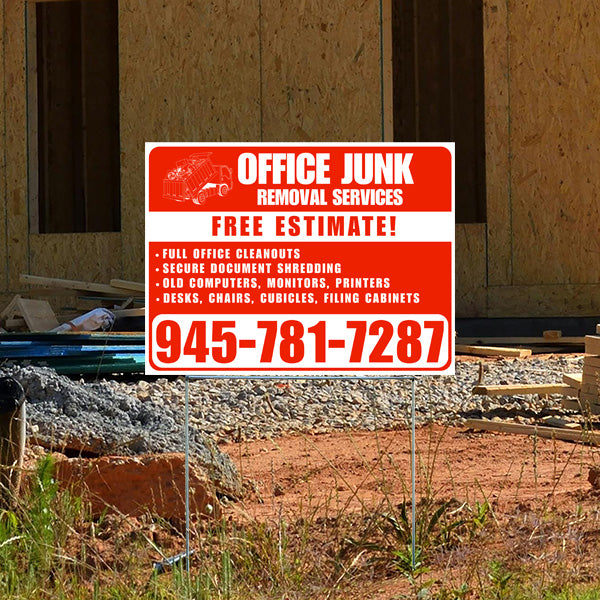 Office Junk Removal Services sign offering free estimates, featuring contact number 945-781-7287, includes services like office cleanouts, document shredding, and disposal of computers, monitors, and office furniture.
