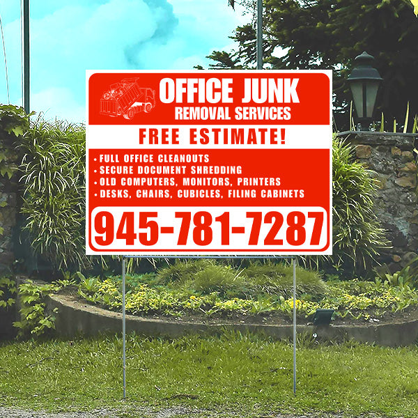 Office junk removal services yard sign featuring contact number 945-781-7287 offering full office cleanouts, secure document shredding, and removal of old computers, monitors, desks, chairs, cubicles, filing cabinets.