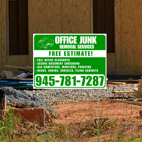 Office Junk Removal Services sign offering free estimates with contact number 945-781-7287, featuring services like full office cleanouts, secure document shredding, removal of old computers, monitors, printers, desks, chairs, cubicles, and filing cabinets, placed on a construction site.