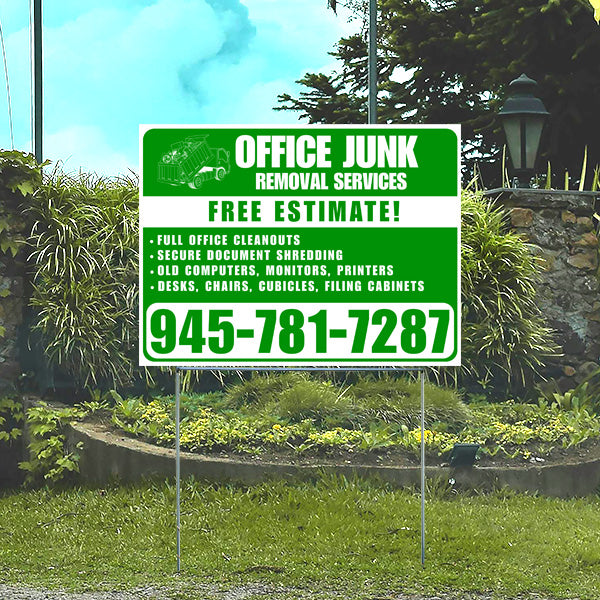Office Junk Removal Services yard sign with green text, offering free estimates, full office cleanouts, secure document shredding, and removal of old computers, monitors, printers, desks, chairs, cubicles, and filing cabinets. Contact number displayed.