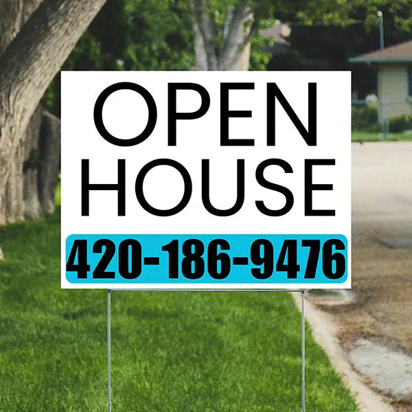 Real Estate - Open House - Simple White Aqua Blue House Design YardSigns.com
