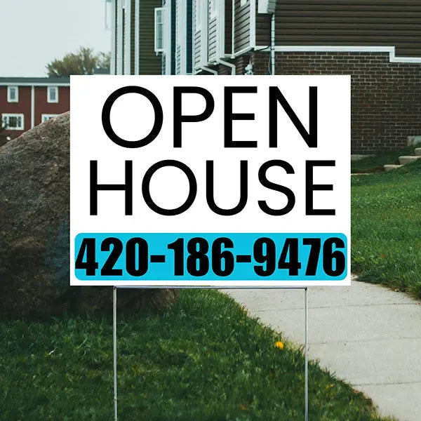 Real Estate - Open House - Simple White Aqua Blue House Design YardSigns.com