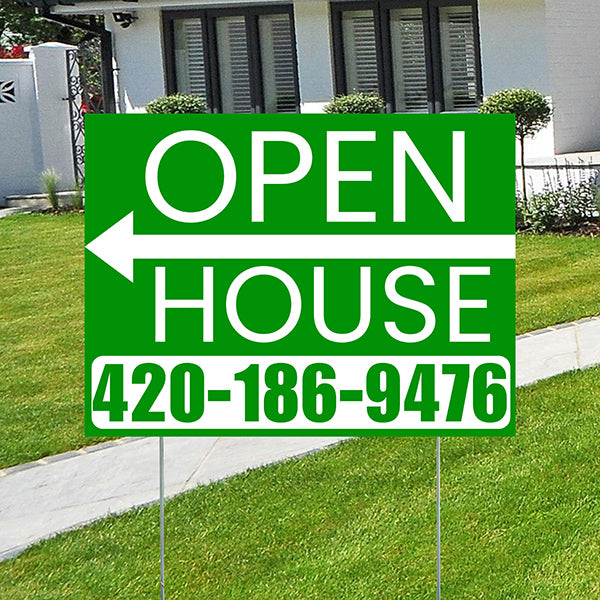Real Estate - Open House - Plain Green White - Left Arrow Design - YardSigns.com